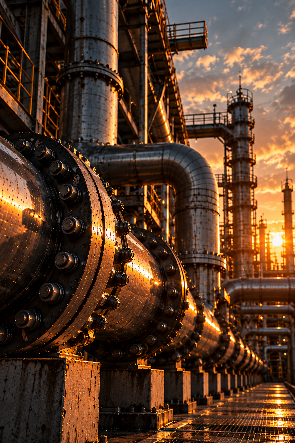 Bolted pipeline flange in front of refinery towers at sunset