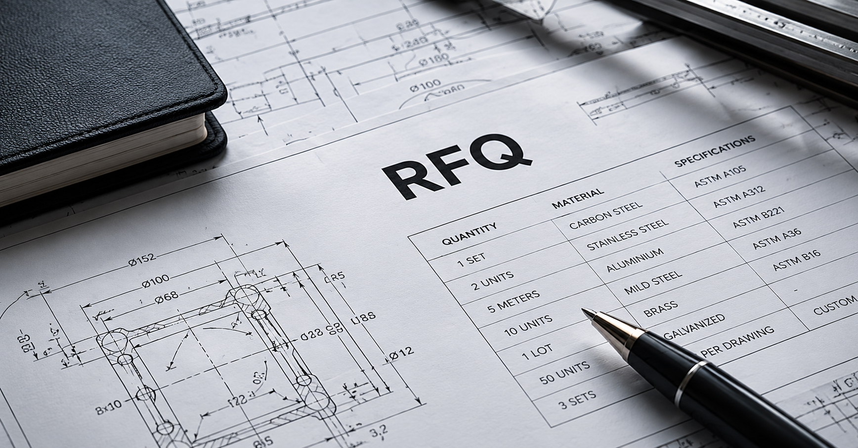 RFQ document and technical drawings on a desk