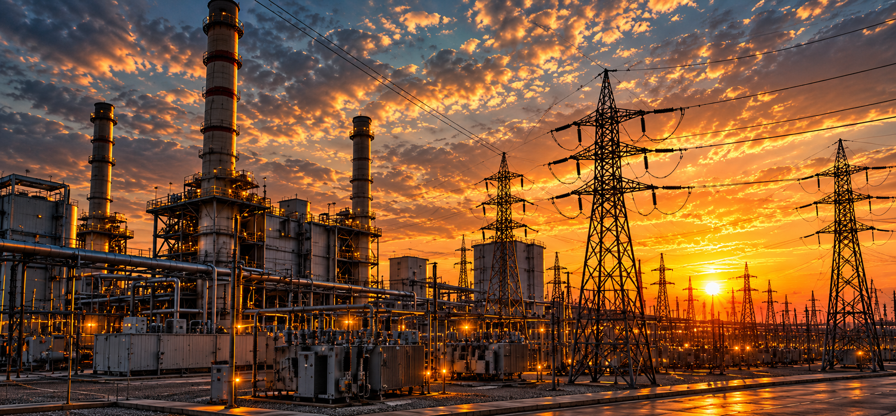 Power station and transmission towers at sunset