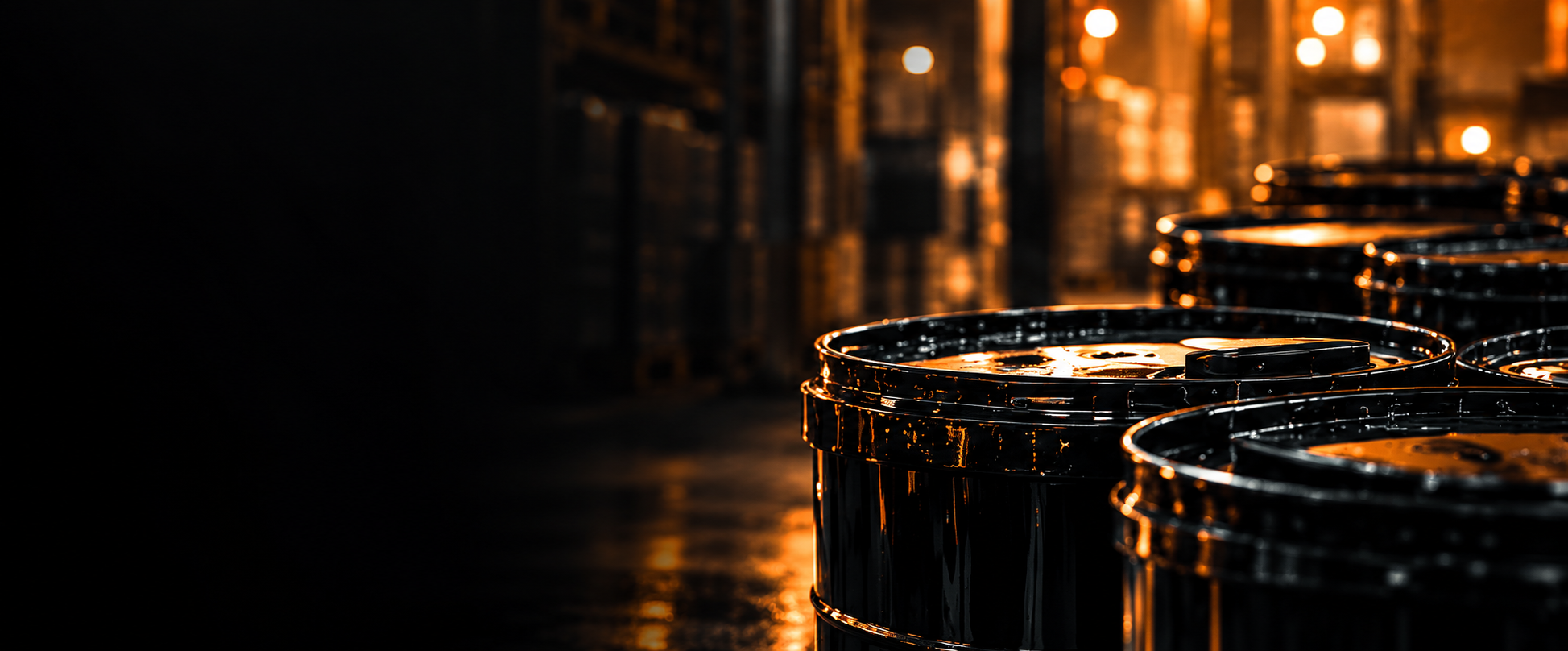 Industrial drums in a dimly lit warehouse