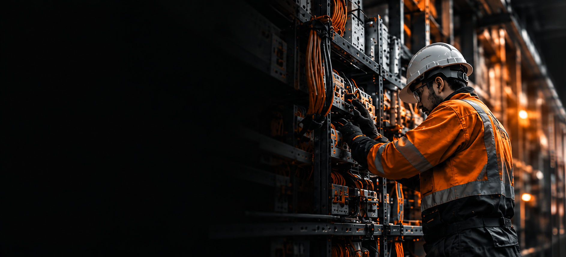 Electrician in high-visibility gear working on an industrial electrical panel