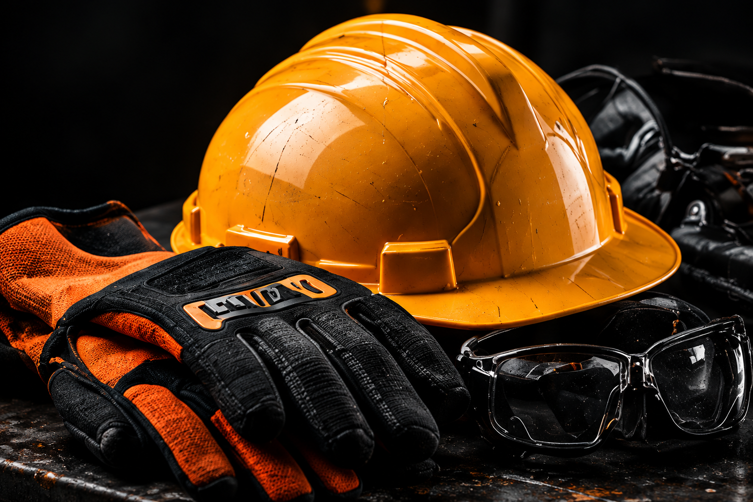 Safety helmet, work gloves and safety glasses