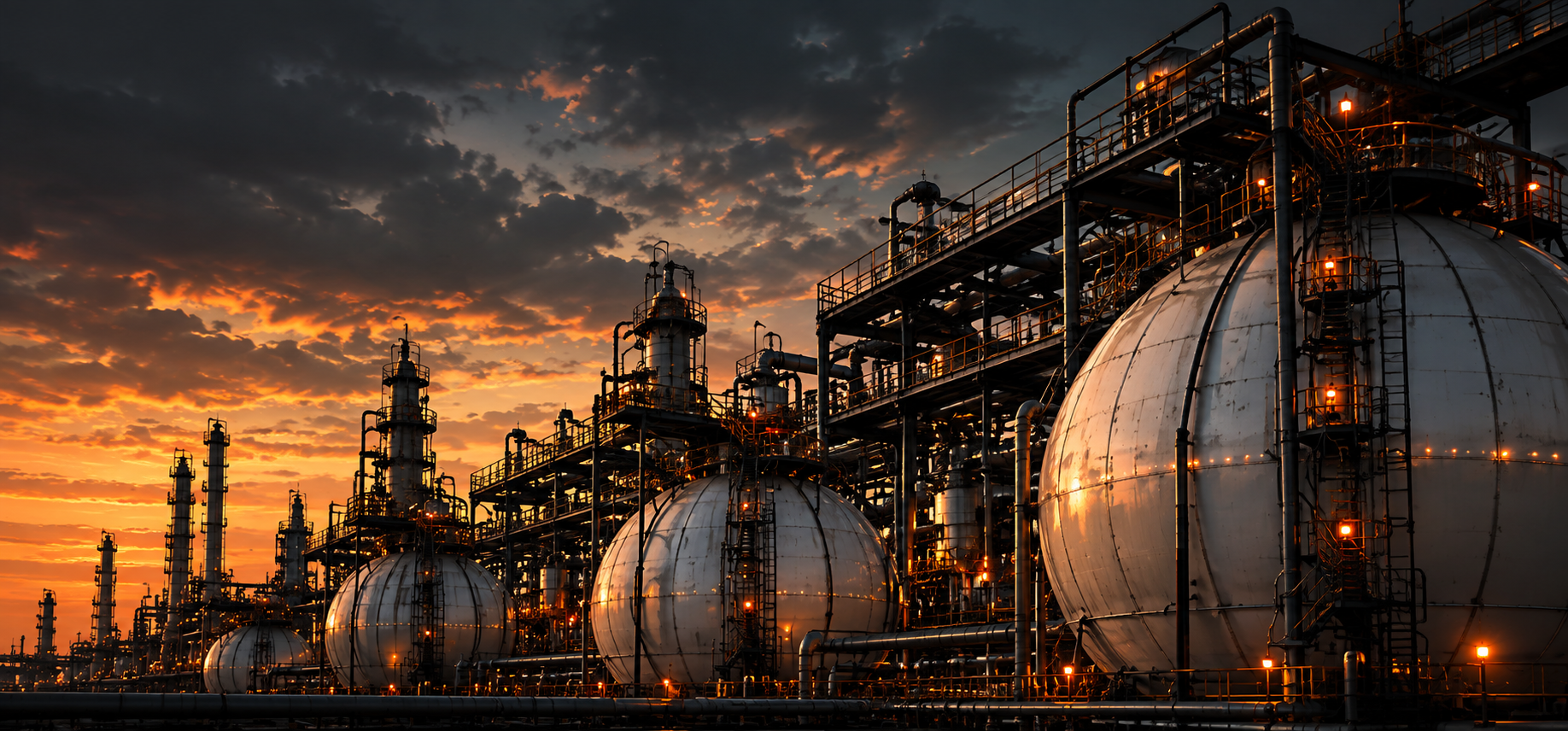 Petrochemical plant with spherical storage tanks