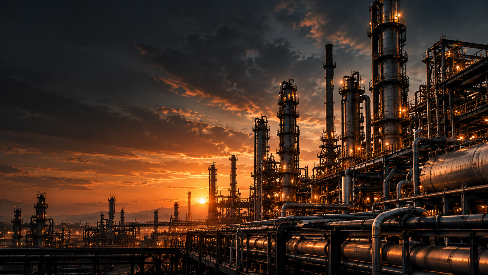 Oil and gas refinery at sunset