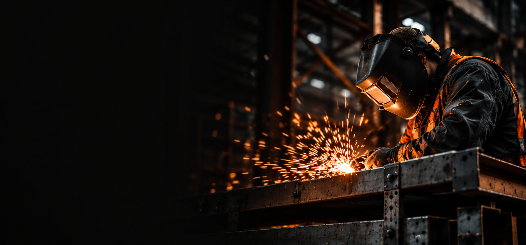 Welder in a protective mask working on a steel structure with sparks flying