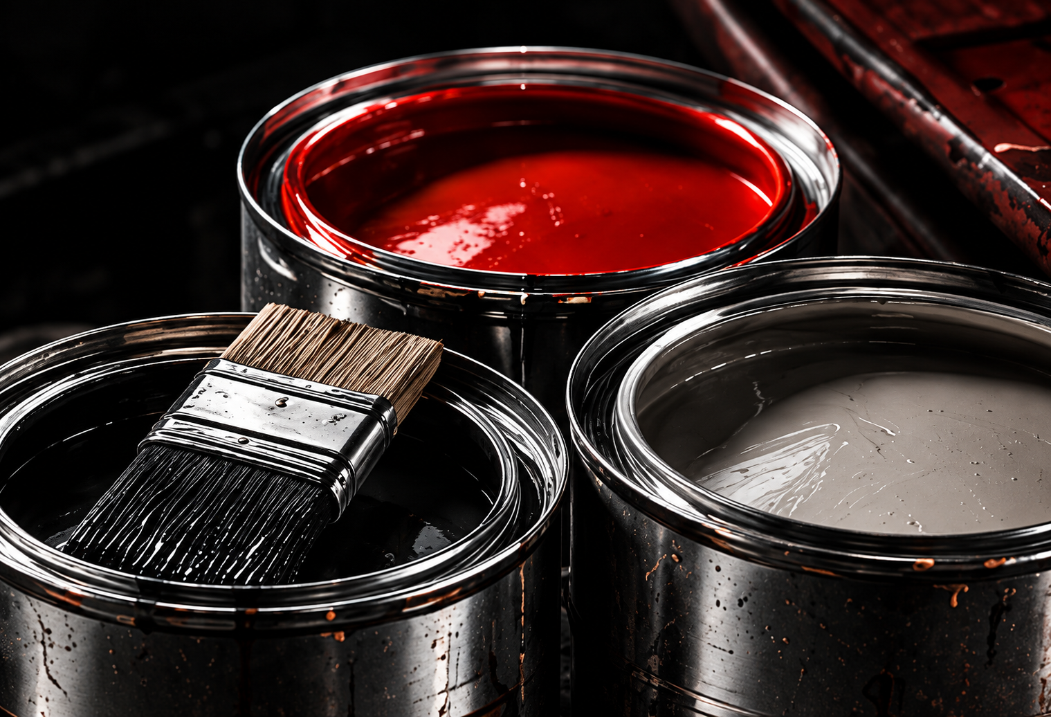 Open paint tins with a brush