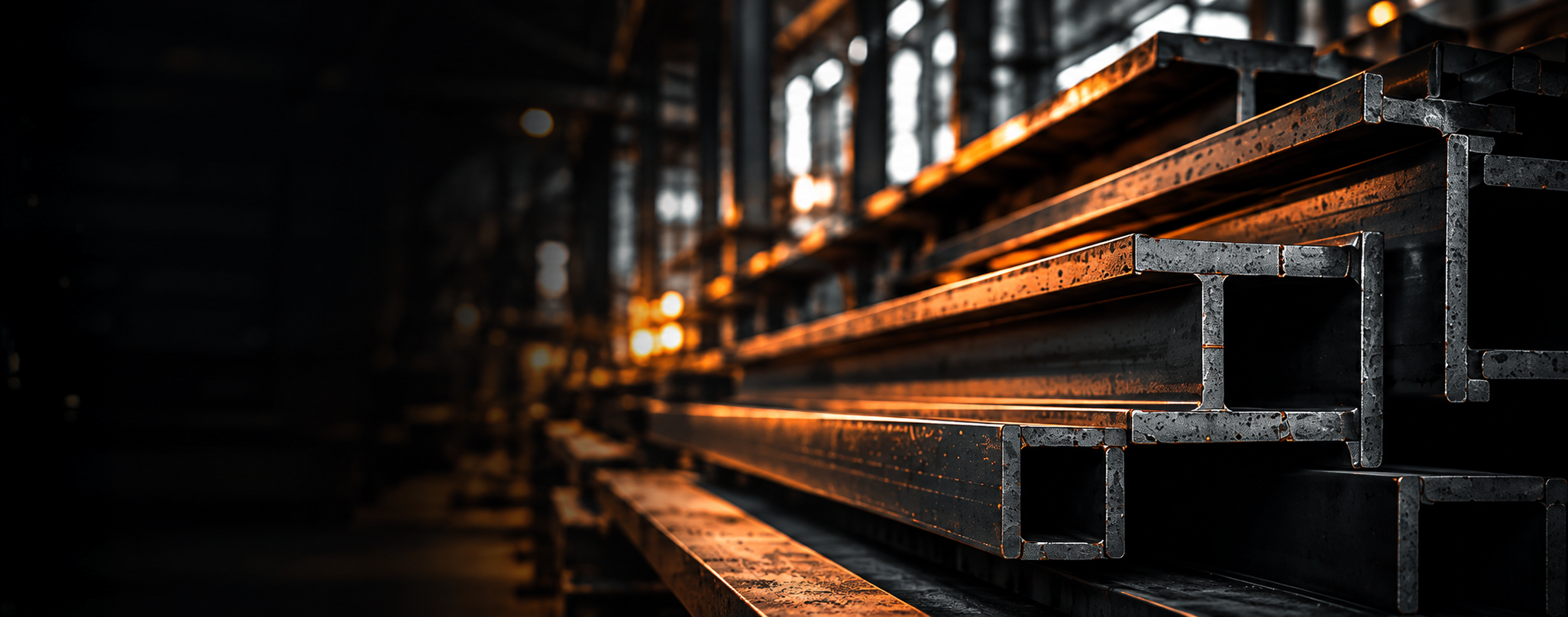 Steel structural beams stacked in a warehouse