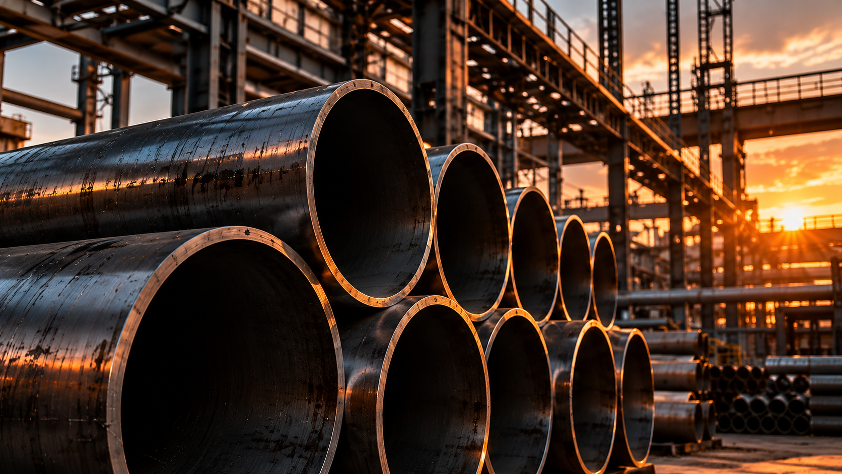 Stacked steel pipes at an industrial yard at sunset