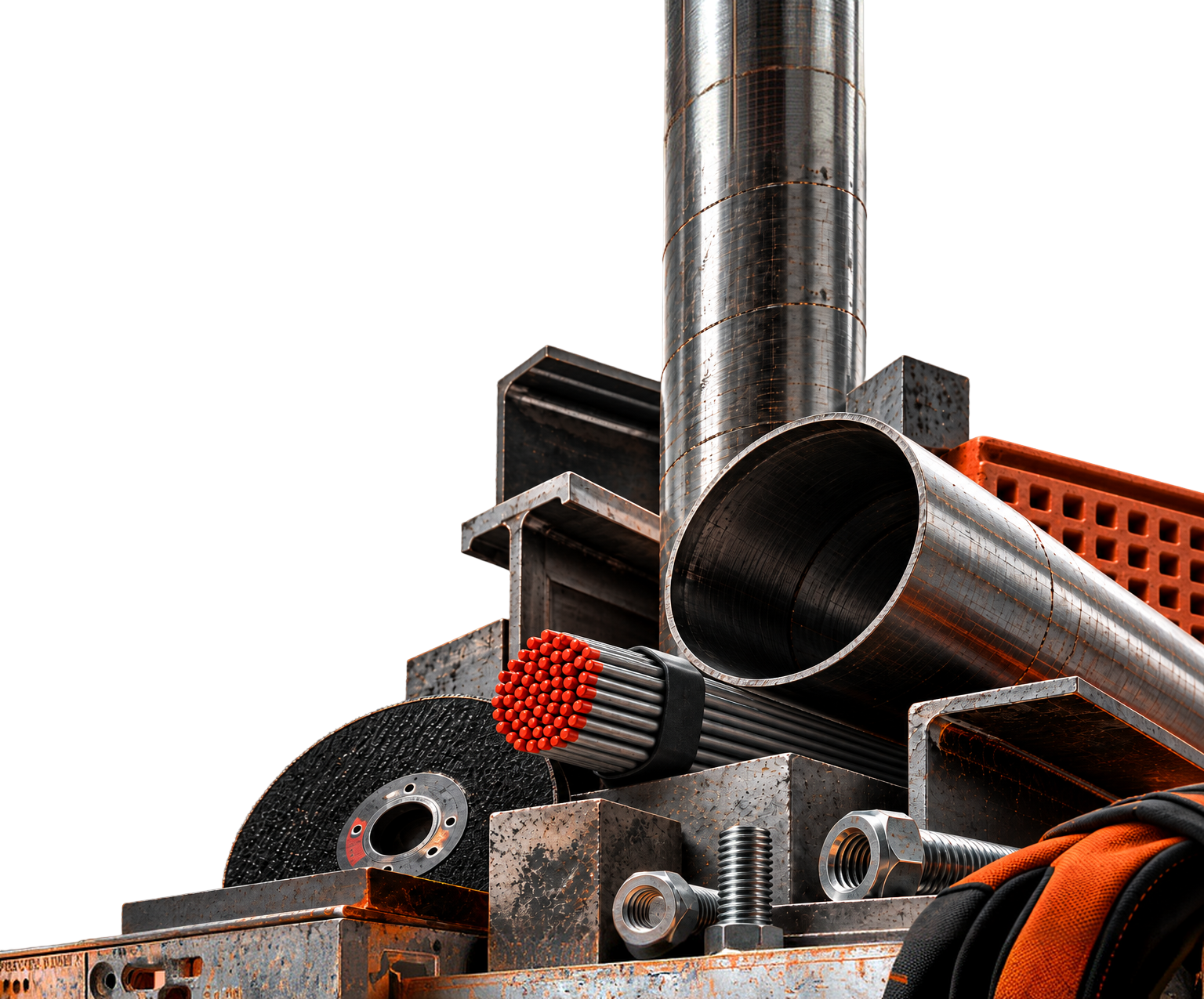 Steel sections, pipes, welding rods, a cutting disc and fasteners stacked together