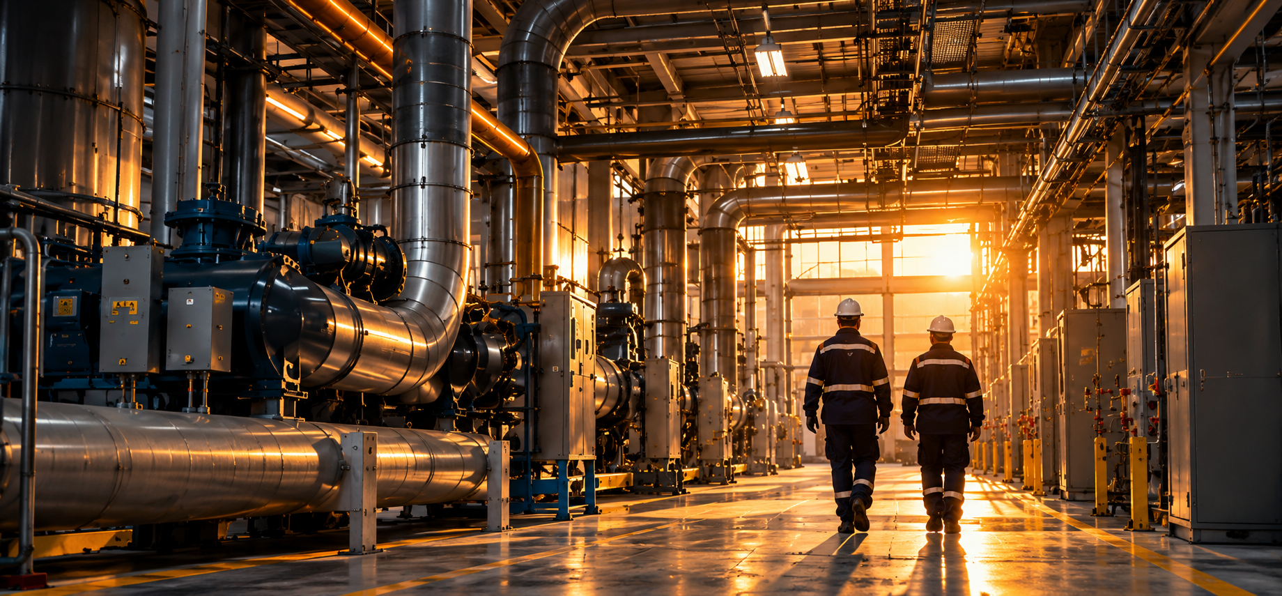 Two technicians walking through an industrial plant