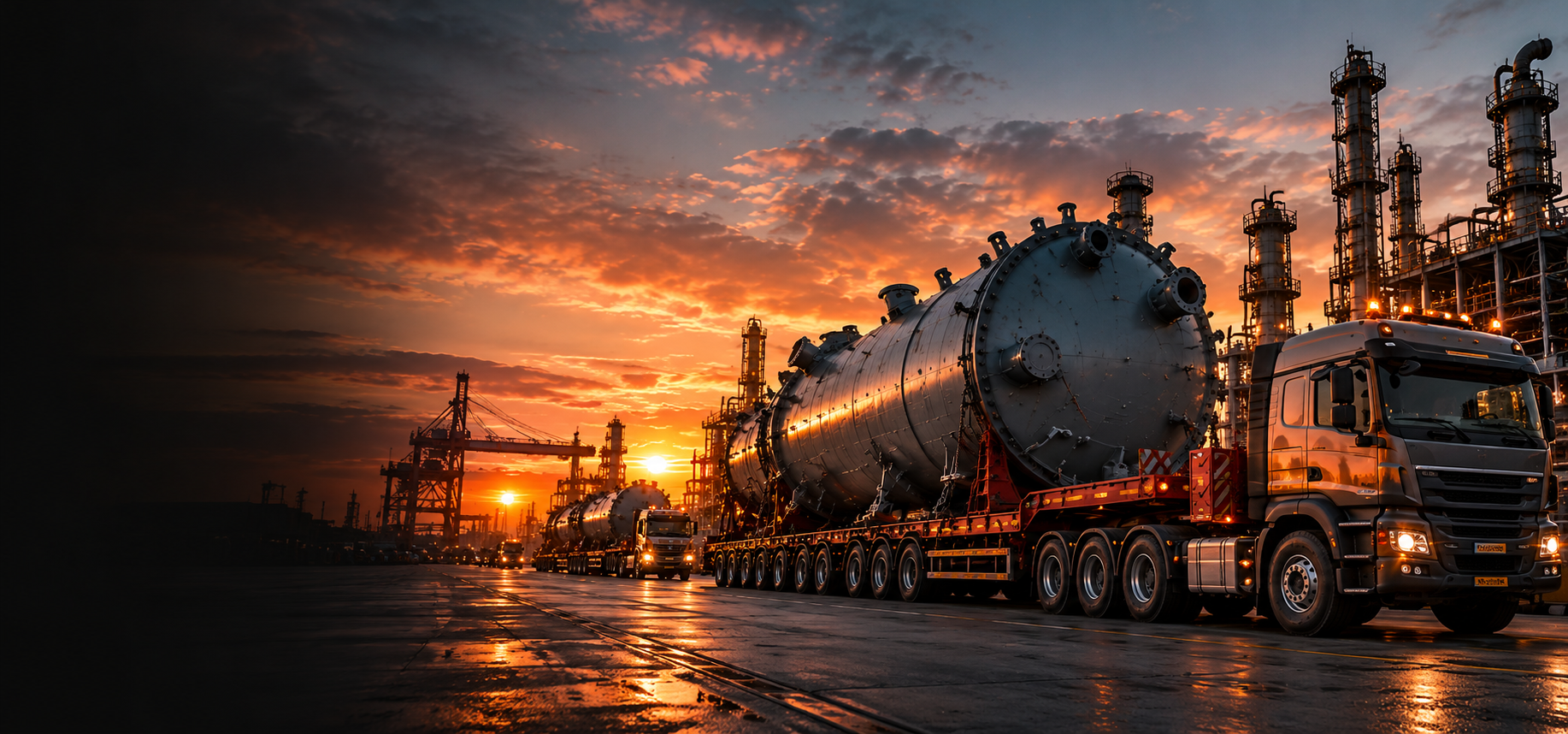 Heavy-haul truck carrying an industrial vessel at a refinery at sunset