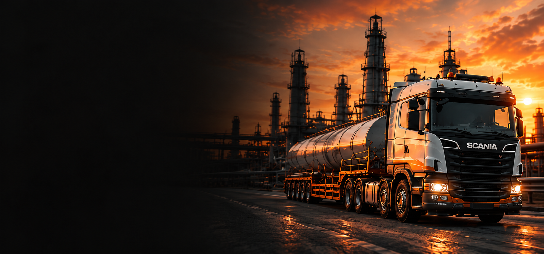 Fuel tanker truck at an industrial refinery at sunset