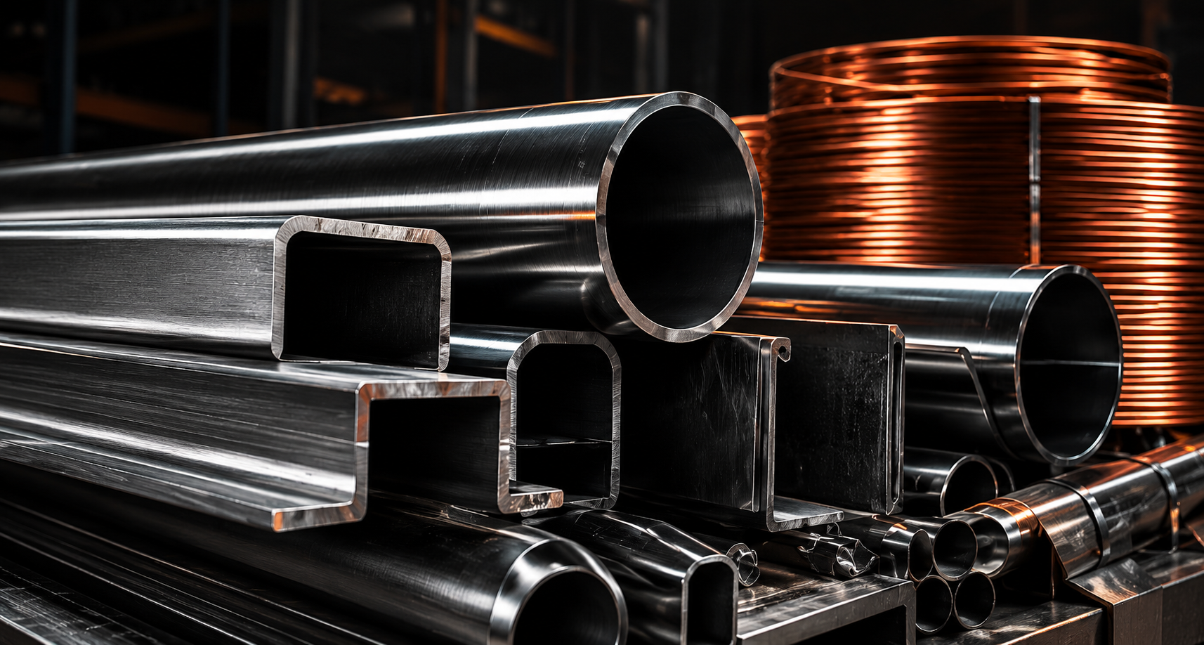 Steel tubes and copper coil in a warehouse