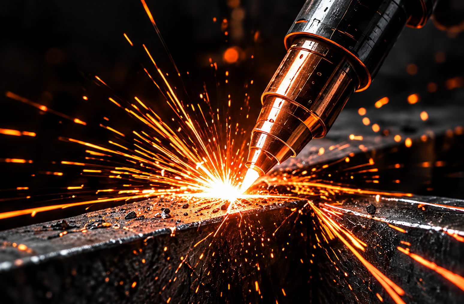 Welding torch throwing sparks across steel