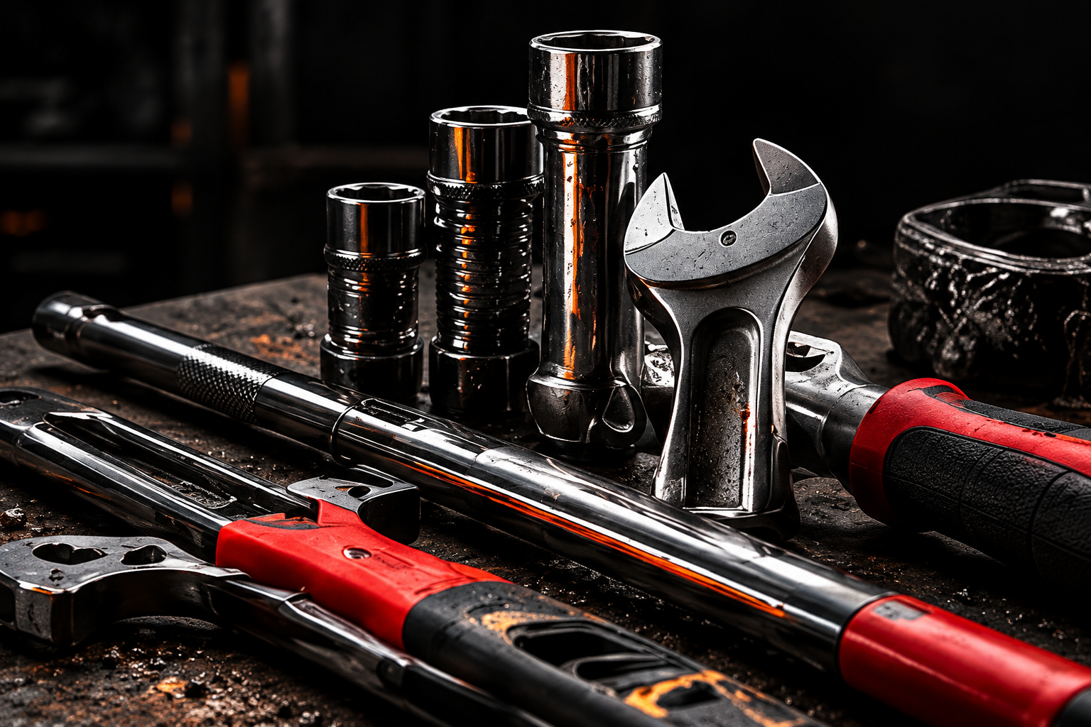 Wrenches, sockets and hand tools on a workbench