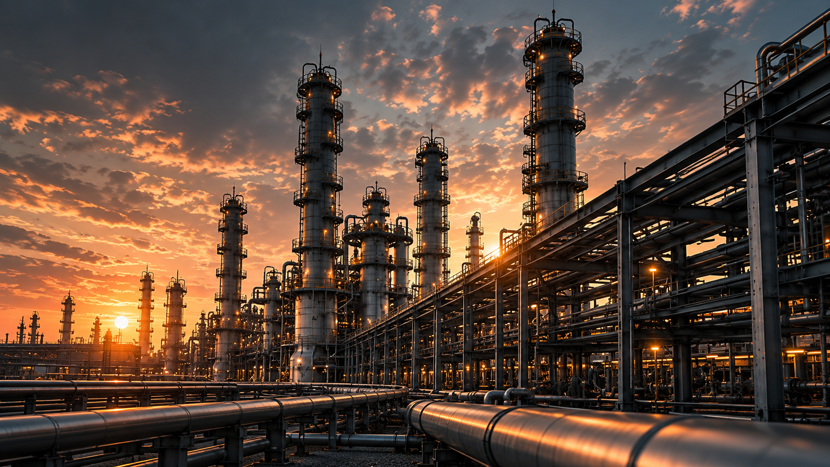 Refinery towers and pipe racks at sunset