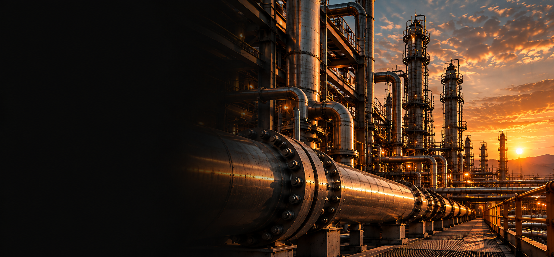 Steel pipeline running through a refinery at sunset