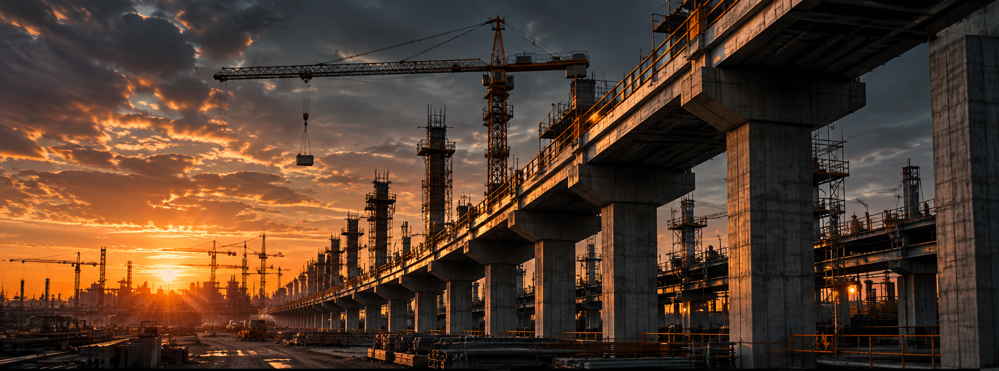 Elevated infrastructure under construction with cranes