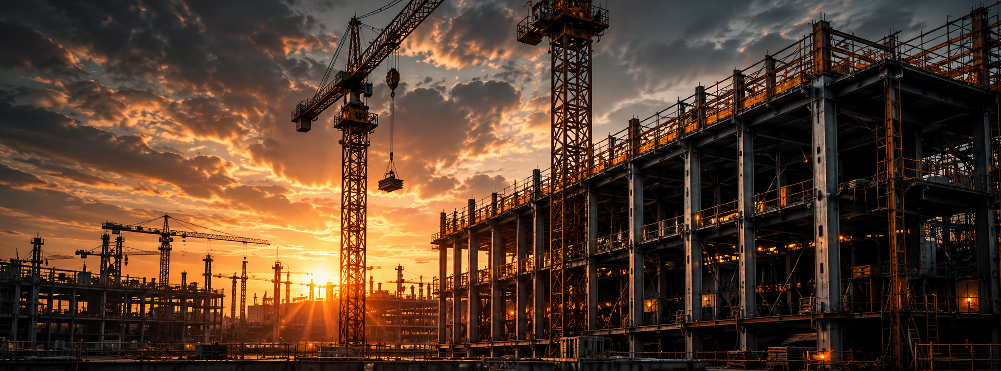 Construction site with tower cranes at sunset