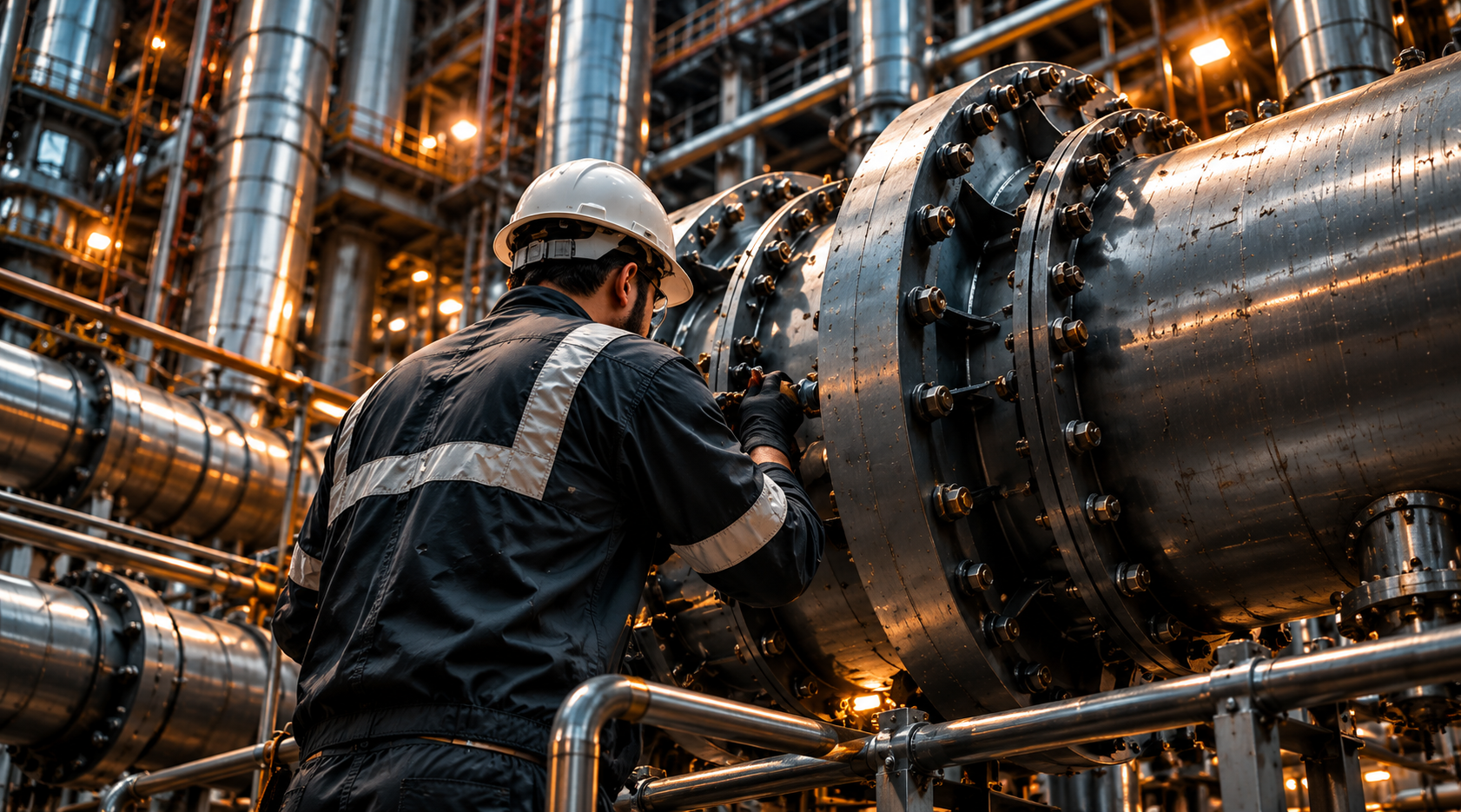 Technician in a hard hat maintaining a large flanged pipe