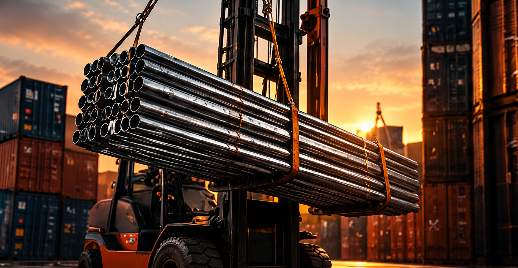 Forklift lifting a bundle of steel pipes at sunset