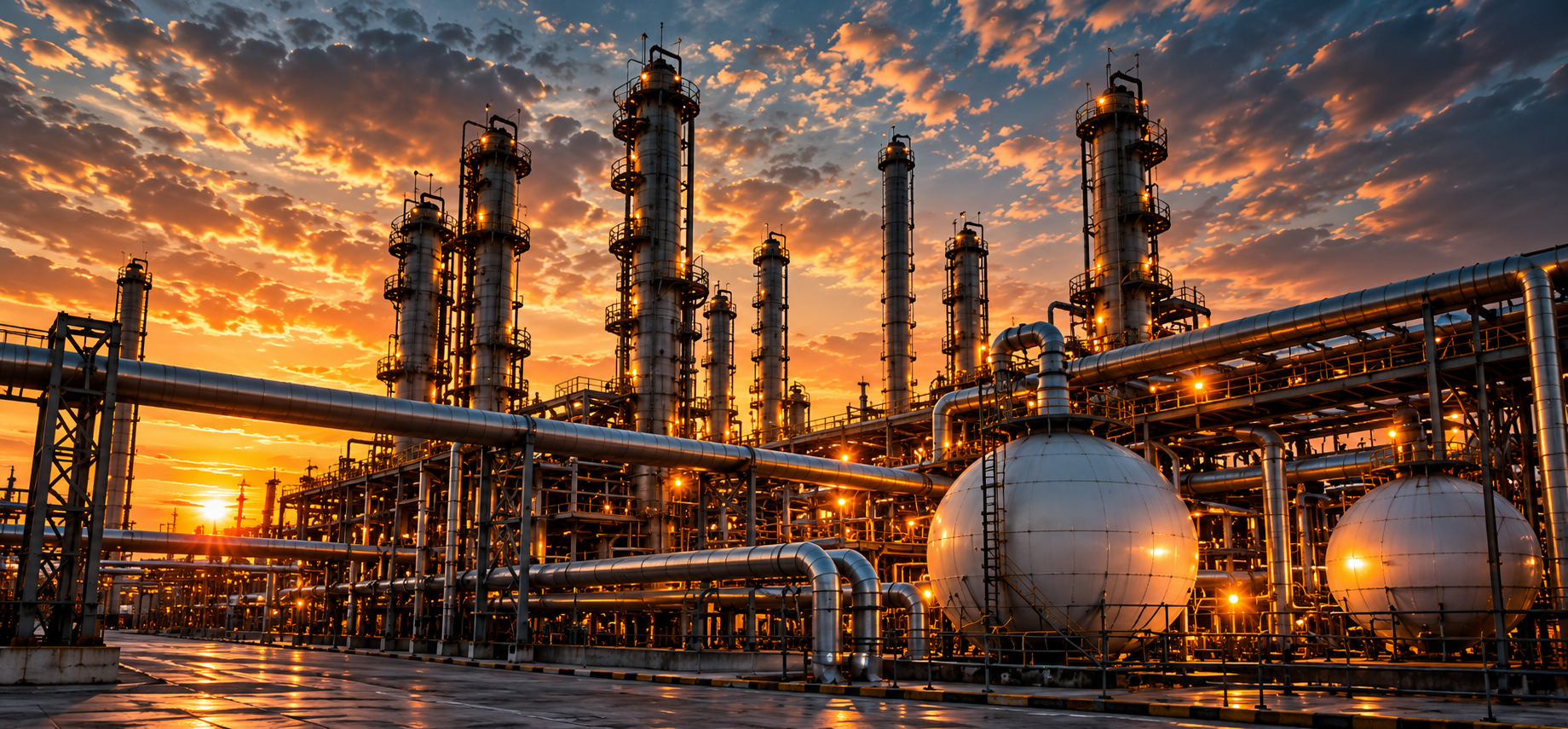 Petrochemical plant with spherical storage tanks